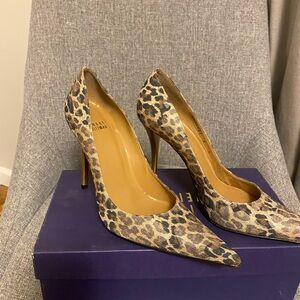 Stuart Weitzman leopard fabric pumps with gold heels